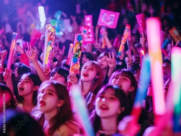 Fototapeta "Passionate K-Pop Fans Cheering with Colorful Banners and Light Sticks at a Live Concert"
