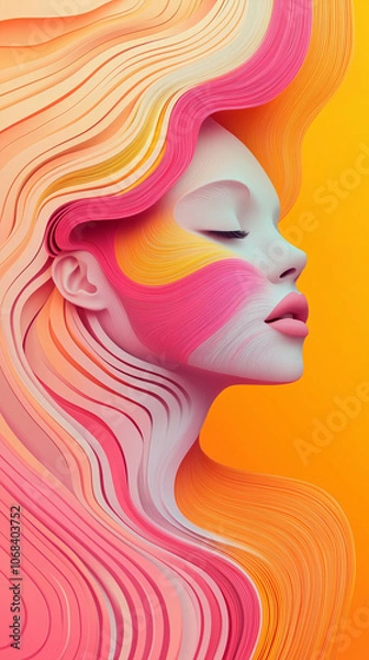 Fototapeta Abstract colorful portrait of a serene face with flowing layered textures, blending vibrant hues of pink, orange, and teal in a surreal style.