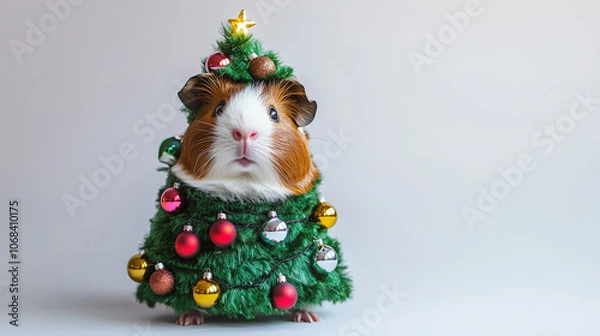 Fototapeta Adorable guinea pig dressed as a Christmas tree, wrapped in festive lights and surrounded by colorful ornaments, creating a charming holiday scene.