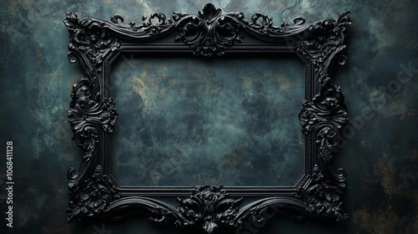 Obraz Ornate black baroque-style picture frame against a dark, textured background, evoking a gothic, elegant, and vintage atmosphere.