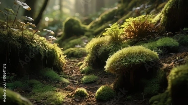 Fototapeta A serene forest floor, covered in vibrant green moss and illuminated by soft sunlight filtering through the trees, creating a tranquil nature scene