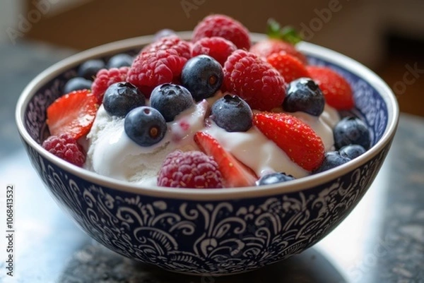 Fototapeta A bowl of mixed berry ice cream with fresh blueberries, strawberries, and raspberries on top.