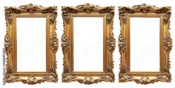 Fototapeta  golden vintage picture frames with decorative ornaments, isolated on a transparent background