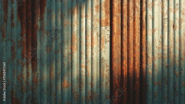 Fototapeta Corrugated metal with weathered rust patterns, perfect for urban streetwear brands or industrial-themed event posters.