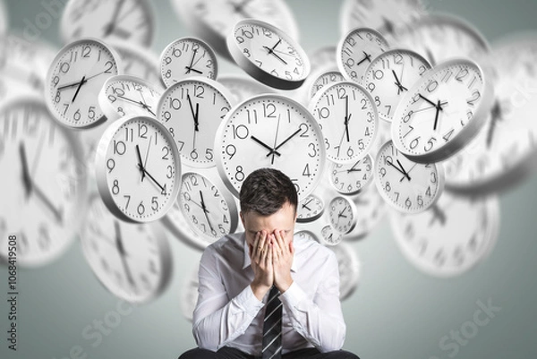 Fototapeta Stressed person overwhelmed by time pressure with clocks in background
