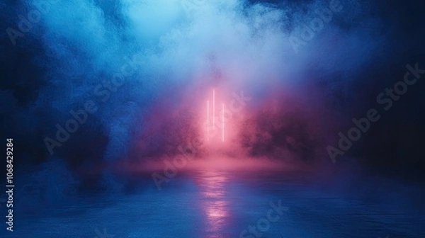 Fototapeta Mysterious atmosphere created by smoke and fog enveloping an empty floor against a dark blue and neon background. High-quality image with ample copy space for design use.