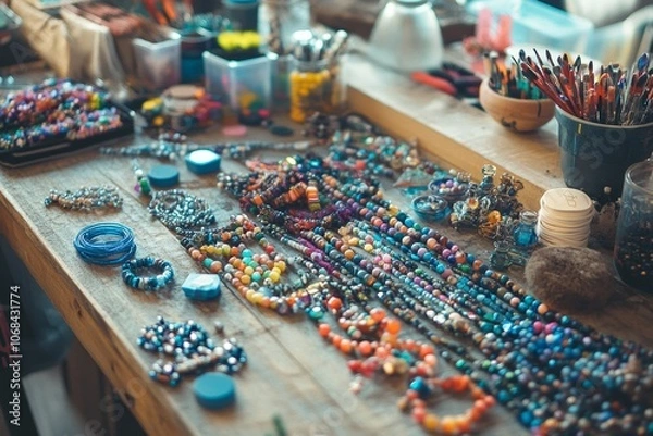 Fototapeta Colorful Collection of Beads and Craft Supplies: A Vibrant Display of Creativity Ready for Jewelry Making and Artistic Projects