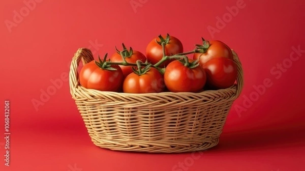 Fototapeta Vibrant fresh tomatoes arranged in a woven basket, capturing the essence of freshness and natural beauty, with ample copy space for your creative needs.
