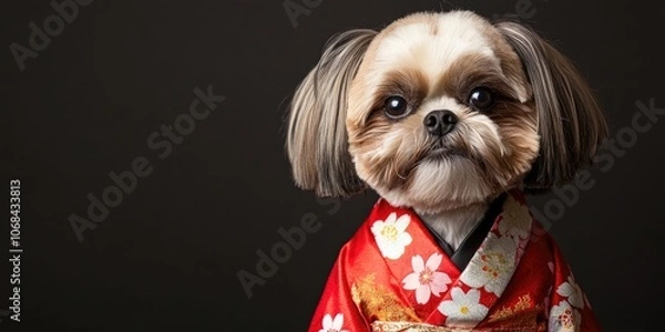 Fototapeta A lovely Shih Tzu dog is dressed in a striking red outfit inspired by traditional Japanese fashion, showcasing its charm and elegance in a vibrant way.