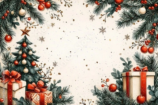 Obraz Christmas card with a white background and a golden frame. On the left side of the page, there is a Christmas tree, gifts, and snowflakes, all in a cartoon style