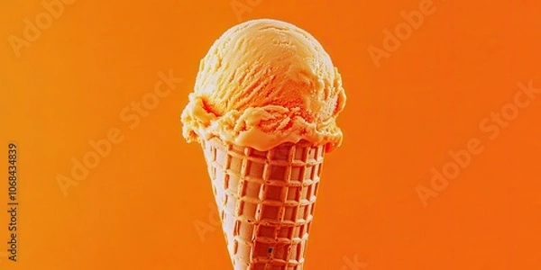 Fototapeta Aerial perspective of lively orange ice cream in a waffle cone, set against a bright orange background. This colorful scene captures the essence of summer indulgence.