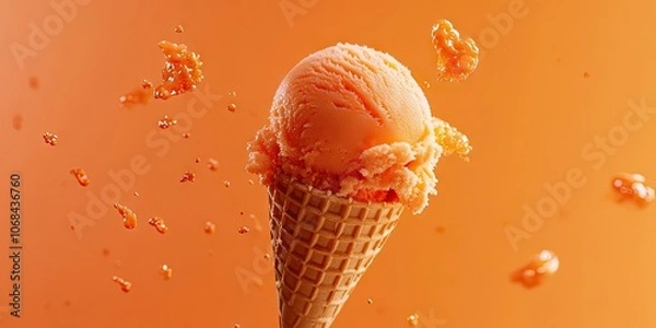 Fototapeta Aerial perspective of lively orange ice cream in a waffle cone, set against a bright orange background. This colorful scene captures the essence of summer indulgence.