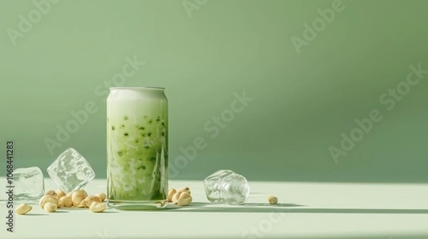 Fototapeta Refreshing matcha bubble tea with ice cubes and green background
