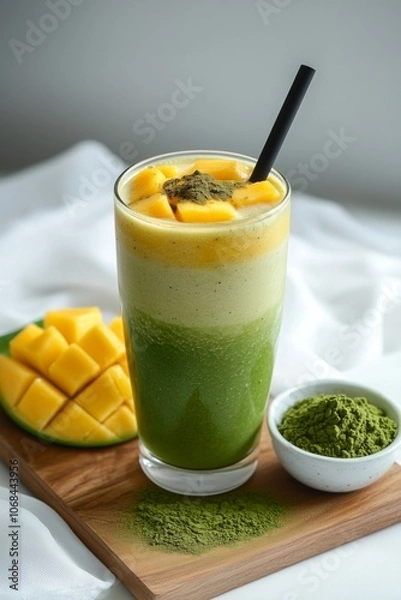 Fototapeta Refreshing mango matcha smoothie with fresh fruit and powder
