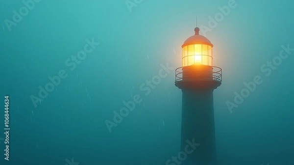 Fototapeta A misty evening at the lighthouse illuminating the foggy seascape with warm light