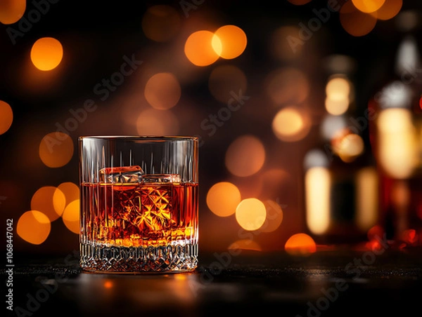 Fototapeta Amberhued Japanese whisky in fine glass, dark bar counter, soft light, blurred background, luxury and elegance in every detail