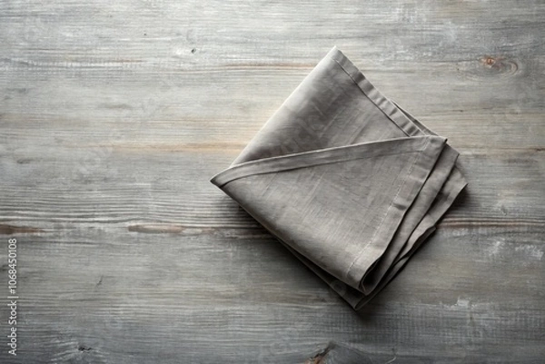 Fototapeta Elegant Top View of a Gray Kitchen Napkin Isolated on a Table Background, Perfect for Minimalistic Mockups, Featuring Soft Light and Folded Cloth with Ample Copy Space for Design Projects