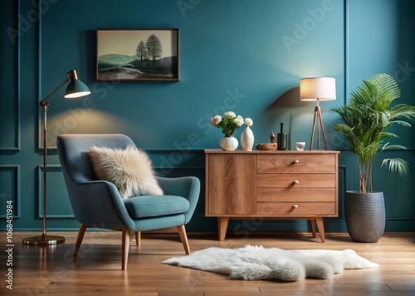 Fototapeta Modern Living Room Interior with Fluffy Armchair, Wooden Commode, and Contemporary Accessories Against a Blue Wall - Ideal for Home Staging and Interior Design Inspiration
