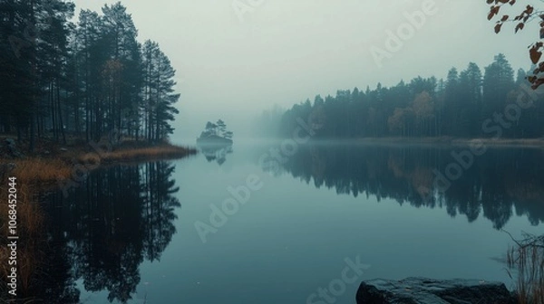 Fototapeta Lake landscape with forest and fog, reflection, autumn season.