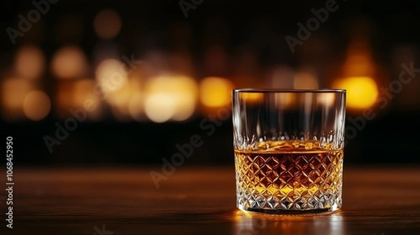 Fototapeta Elegant Japanese whisky glass, dark bar counter, amber tones, blurred background with bottles, soft glow, highend drinking culture