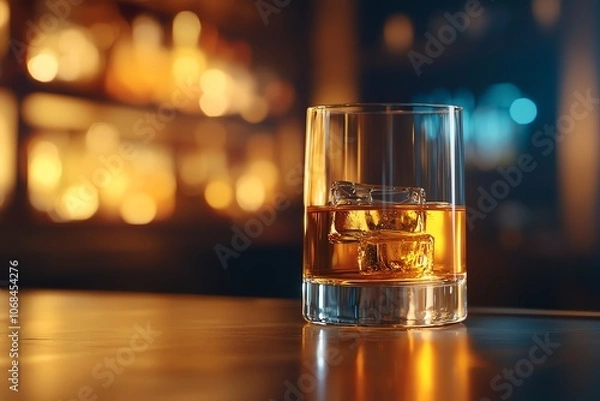 Fototapeta Fine crystal glass of Japanese whisky on polished bar, rich amber glow, soft lighting, blurred spirits behind, luxurious experience