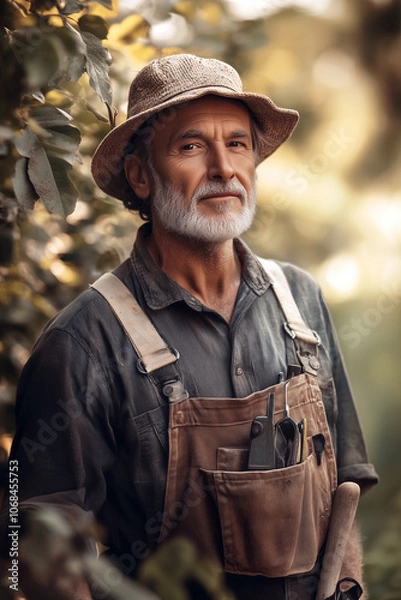 Fototapeta A dedicated gardener stands in a lush garden, showcasing his passion for nature and cultivation during a serene afternoon