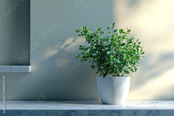 Fototapeta A small green plant in a white pot sits on a marble countertop against a light-colored wall, casting soft shadows.