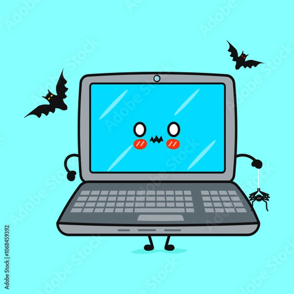 Fototapeta Terrible Laptop character. Vector hand drawn cartoon kawaii character illustration icon. Isolated on blue background. Zombie Laptop. Halloween concept.