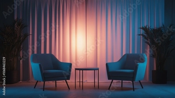 Fototapeta Minimalist podcast studio with two chairs, soft lighting, blank background, ideal for adding media copy or logos.