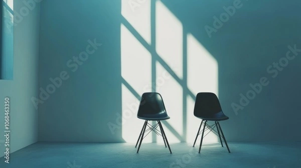 Fototapeta Minimalist studio with two chairs and a clean, open background, creating ample copy space for media branding or text overlays