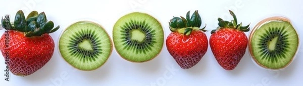 Fototapeta A colorful arrangement of strawberries and kiwi slices on a white background.