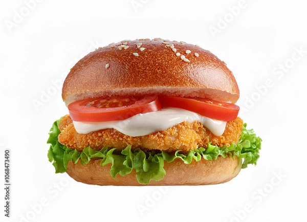 Fototapeta Chicken Burger with Sauce, tomatoes, onion and lettuce on white background. isolated chicken burger