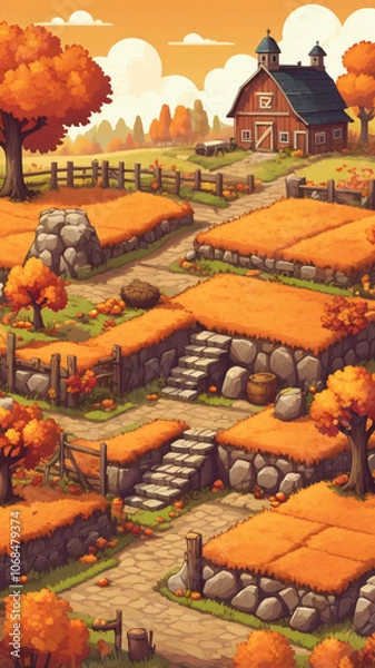 Fototapeta Farm and field, autumn season.mobile game asset. Game environment set, hay day, stardew valley style