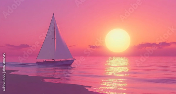 Fototapeta Sailboat gliding through calm waters at sunset