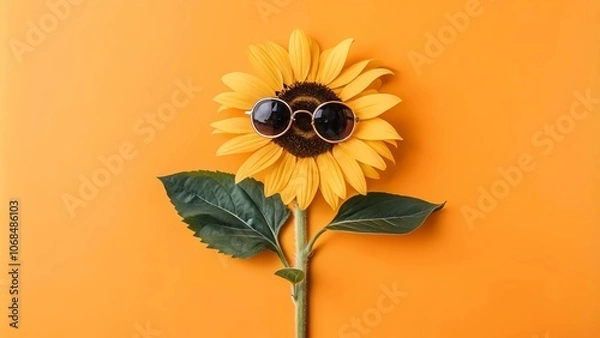 Fototapeta Whimsical Sunflower With Stylish Sunglasses on a Bright Orange Background, Creating a Cheerful and Captivating Image