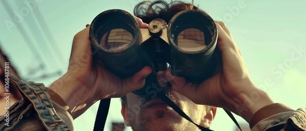 Fototapeta Perspective: A man's view through the binoculars at 7:3