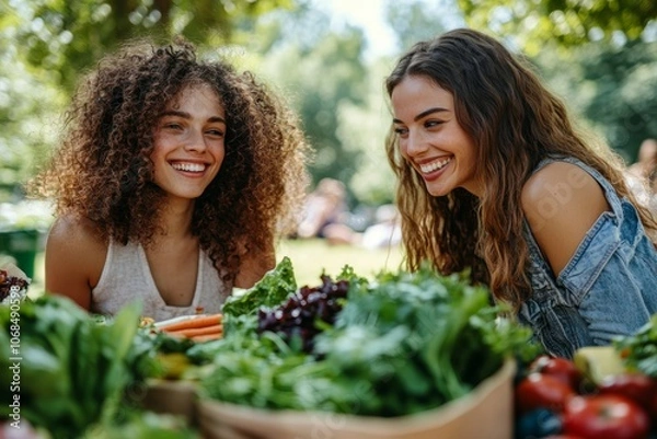 Fototapeta Joyful Friends Enjoying Fresh Produce Together in a Park, Celebrating Healthy Living and Connection with Nature Through Colorful Vegetables and Lively Laughter