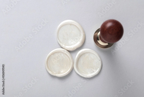 Fototapeta Vintage personal stamp and wax seals on gray background