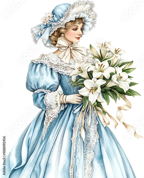 Fototapeta Victorian Woman in Blue Dress Holding White Lilies, Elegant Portrait
