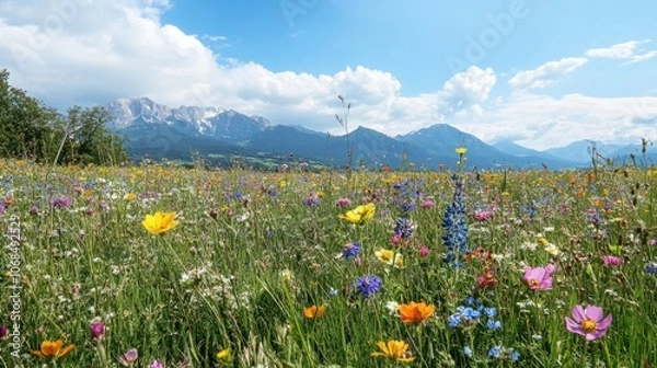 Fototapeta Field of colorful wildflowers with mountains in the background, creating a scenic garden view