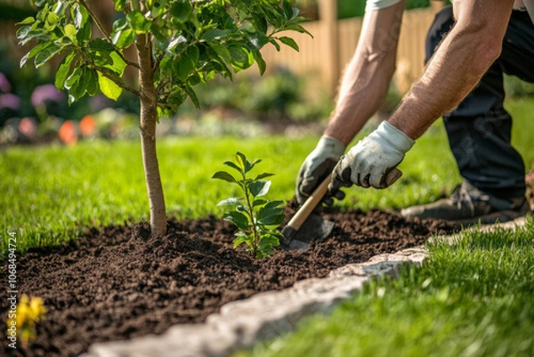 Fototapeta A landscaper uses a shovel to plant a young tree in a colorful garden. The surrounding area features blooming flowers and lush greenery, emphasizing nature’s beauty.