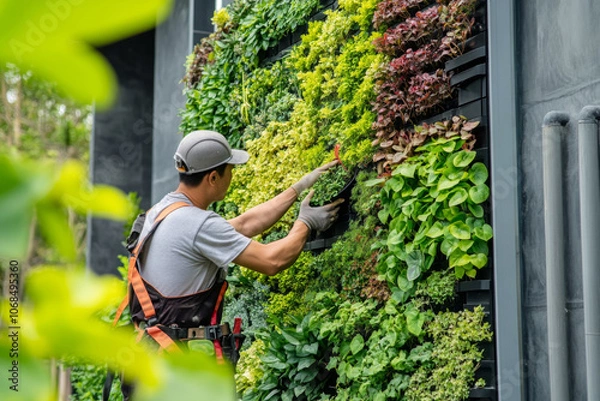 Fototapeta A landscaper is diligently working on a vertical garden, carefully placing various plants to create a vibrant green wall in a contemporary setting.