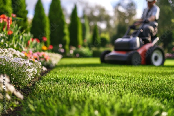 Fototapeta A landscaper is focused on trimming an expansive, well-maintained lawn using a lawnmower. The surrounding garden features vibrant flowers and neat hedges, enhancing the home's curb appeal.