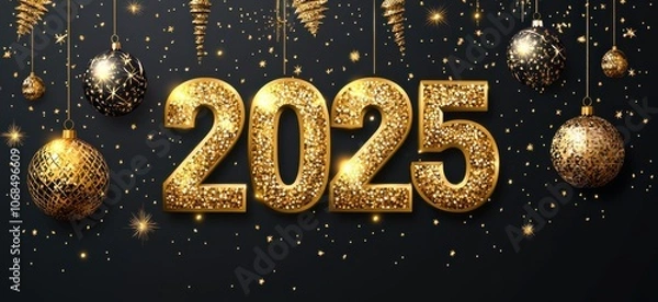 Fototapeta Festive 2025 golden numbers with enchanting sparkle and elegant holiday decorations creating a celebratory New Year's atmosphere