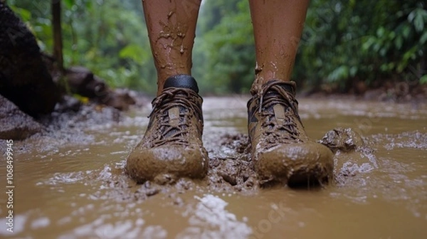 Fototapeta A hiker stands in muddy water on a jungle trail, highlighting the struggle of navigating through wet conditions surrounded by lush vegetation
