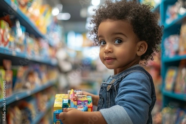 Fototapeta Exploring a World of Imagination: A Joyful Child Delights in Colorful Toys at a Vibrant Store