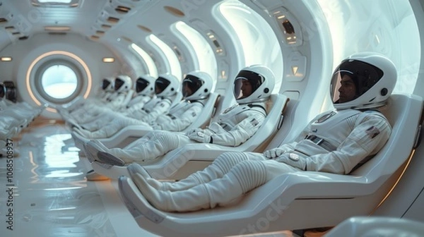 Fototapeta A group of astronauts in white suits is seated comfortably in modern reclining chairs, surrounded by glowing windows aboard a spacecraft, getting ready for launch