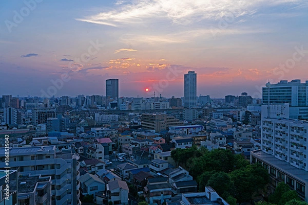 Obraz 二つのビルの間に沈む赤い夕日