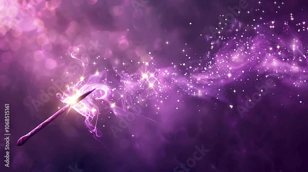 Fototapeta Purple magic wand with glowing stars and sparkles on a dark background.