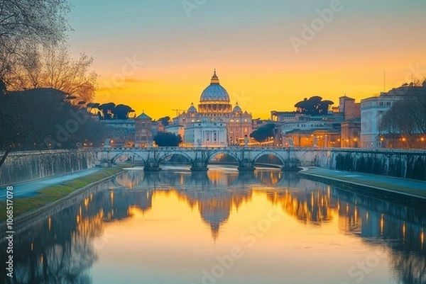 Fototapeta Captivating Sunset Over the Tiber: A Stunning View of St. Peter's Basilica and Reflections of the Eternal City